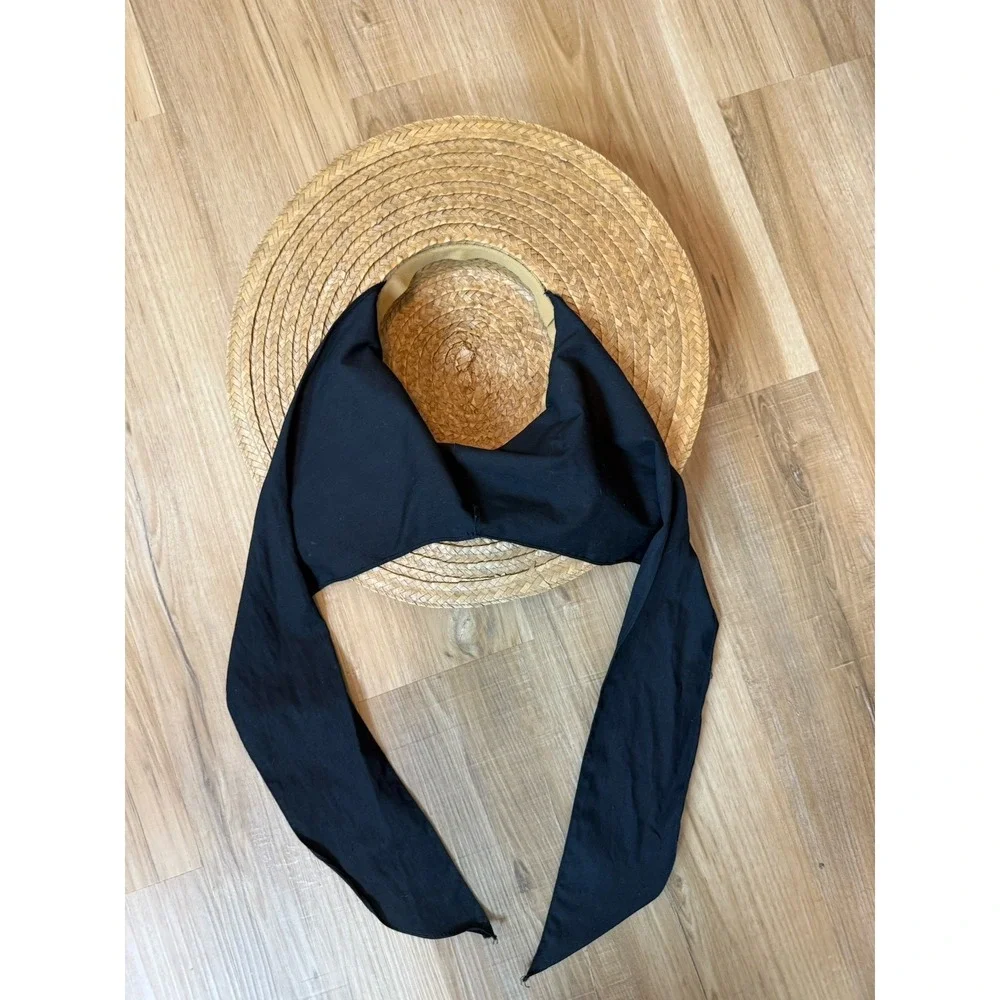Vintage Straw Sun Hat Wide Brim Black Scarf Tie Garden Party Victorian Style 70s - Picture 7 of 9